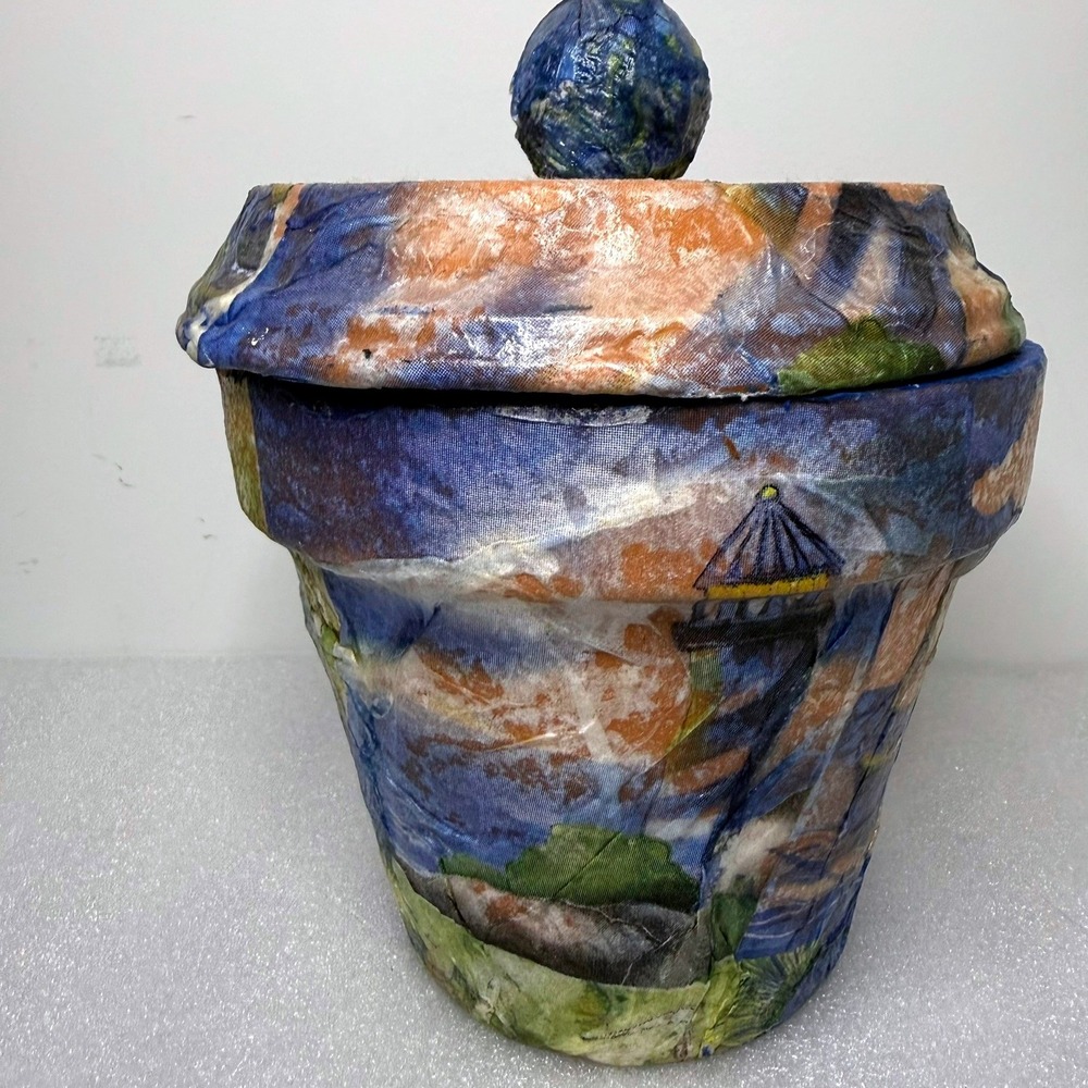 Handmade Nautical Decoupage Terracotta Lidded Pot Lighthouse Sailboat Jar 7in